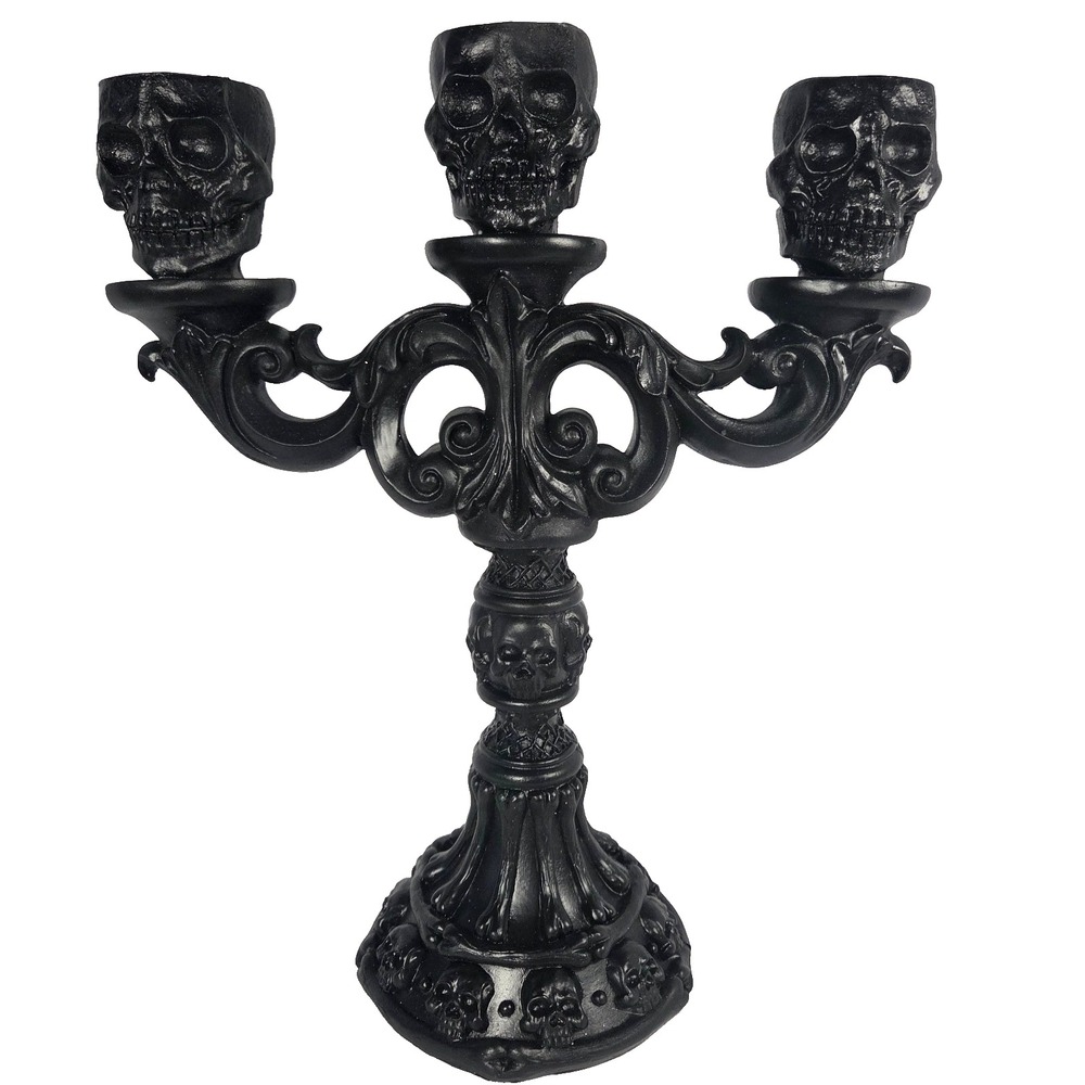 Black Skull Candelabra 3 Arm Candle Holder Gothic Halloween Decor 13.5 Inch